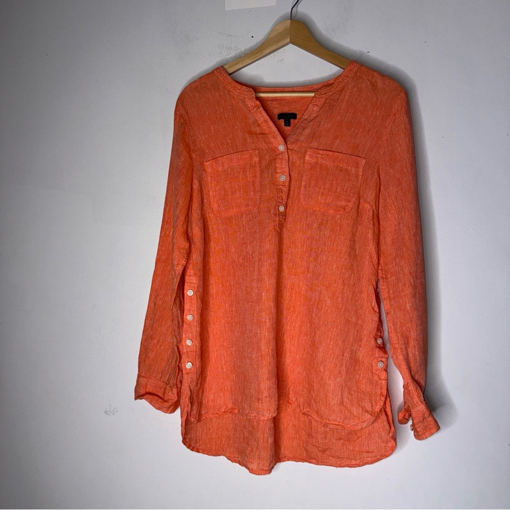 Talbots Side Button‎ Tunic Linen V Neck Orange Top Medium
